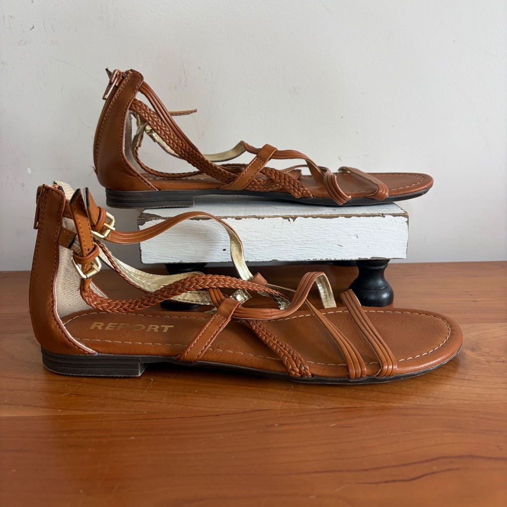 Report Georgya Womens Cognac Brown Braided Strappy Gladiator Flat Sandals Size 9